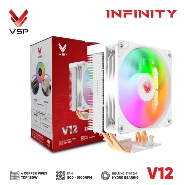Tản Nhiệt Khí VSP V12 INFINITY Trắng (LED RGB / 4 Ống Đồng / PWM 120mm / TDP 180W)
