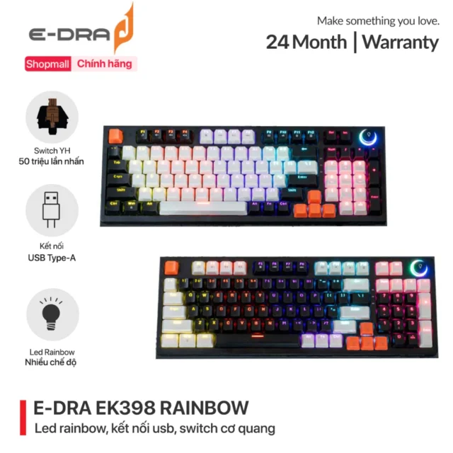 Bàn phím cơ gaming Edra EK398 Beta Brown switch (USB/ABS/Led Rainbow)
